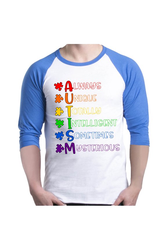 Men's Always Unique Autism Awareness Raglan Baseball Shirt Small White/Blue