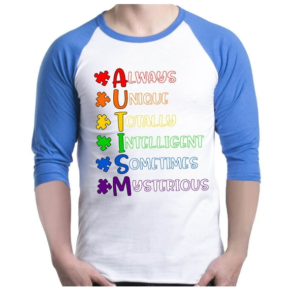 Shop4Ever Men's Always Unique Autism Awareness Raglan Baseball Shirt XXX-LargeWhite/Blue