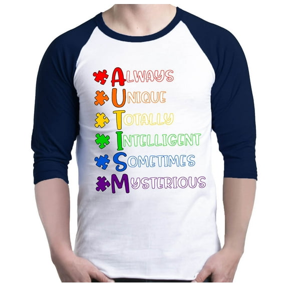 Shop4Ever Men's Always Unique Autism Awareness Raglan Baseball Shirt XXX-LargeWhite/Navy