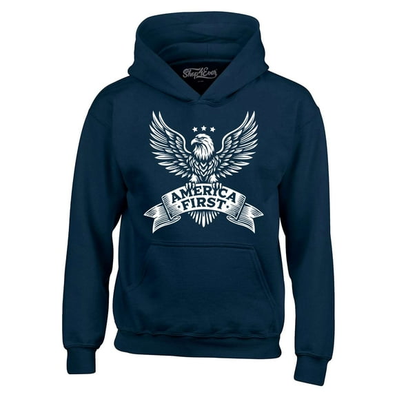 Shop4Ever Men's America First Eagle USA Patriotic Hooded Sweatshirt Hoodie Large Navy
