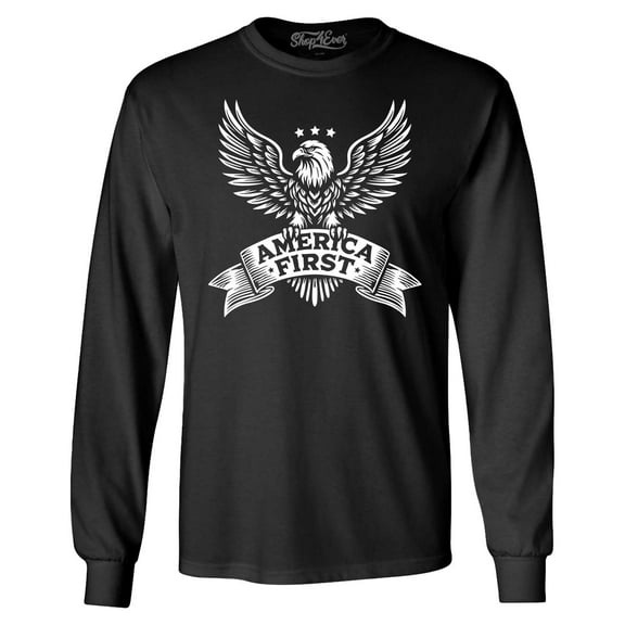 Shop4Ever Men's America First Eagle USA Patriotic Long Sleeve Shirt Large Black