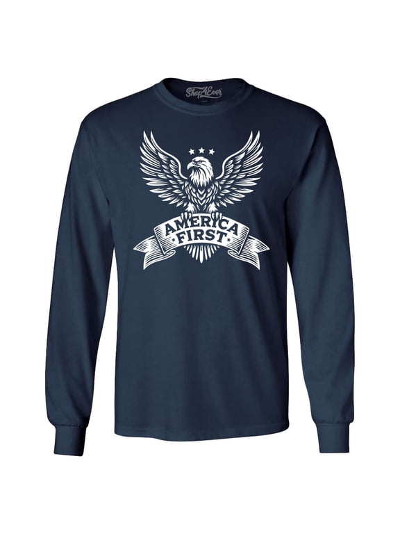 Men's America First Eagle USA Patriotic Long Sleeve Shirt Large Navy