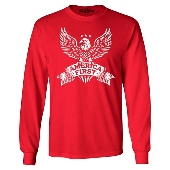 Shop4Ever Men's America First Eagle USA Patriotic Long Sleeve Shirt Small Red