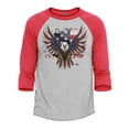 thumbnail image 1 of Shop4Ever Men's American Bald Eagle USA Flag Raglan Baseball Shirt Small Heather Grey/Red, 1 of 4