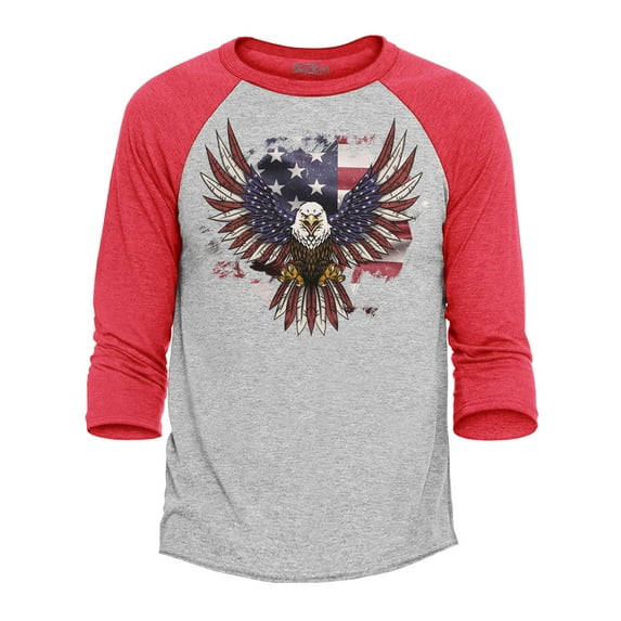 Shop4Ever Men's American Bald Eagle USA Flag Raglan Baseball Shirt Small Heather Grey/Red