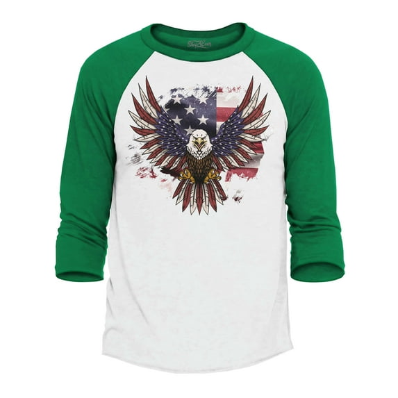 Shop4Ever Men's American Bald Eagle USA Flag Raglan Baseball Shirt X-Large White/Blue