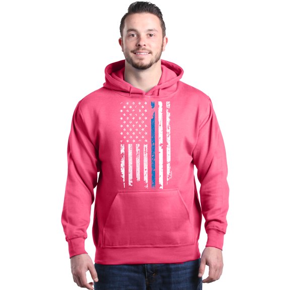 Shop4Ever Men's American Flag Blue Line Patriotic 4th of July Hooded Sweatshirt Hoodie X-Large Heliconia Pink