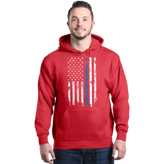 Shop4Ever Men's American Flag Blue Line Patriotic 4th of July Hooded Sweatshirt Hoodie X-Large Red