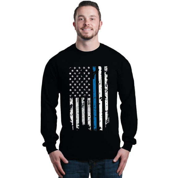 Shop4Ever Men's American Flag Blue Line Patriotic 4th of July Long Sleeve Shirt 2XL Black