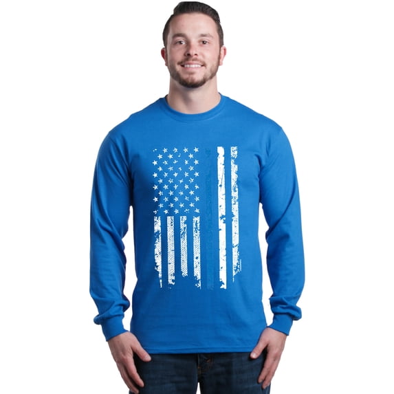 Shop4Ever Men's American Flag Blue Line Patriotic 4th of July Long Sleeve Shirt X-Large Royal Blue