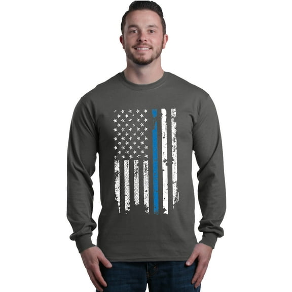 Shop4Ever Men's American Flag Blue Line Patriotic 4th of July Long Sleeve Shirt XX-Large Charcoal