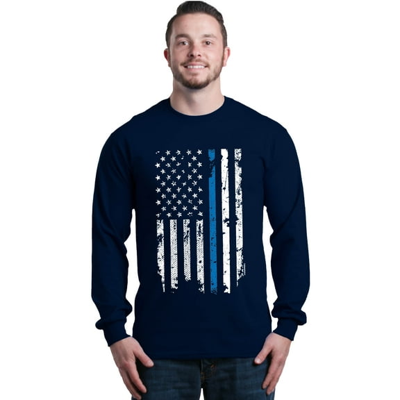 Shop4Ever Men's American Flag Blue Line Patriotic 4th of July Long Sleeve Shirt XX-Large Navy