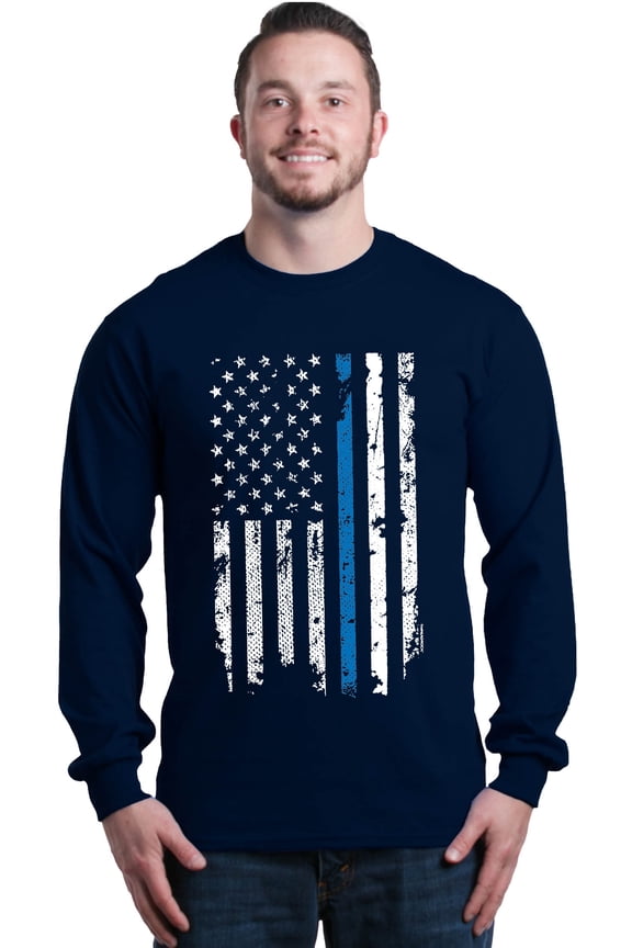 Men's American Flag Blue Line Patriotic 4th of July Long Sleeve Shirt XX-Large Navy