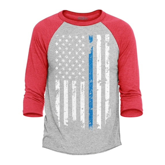 Shop4Ever Men's American Flag Blue Line Patriotic 4th of July Raglan Baseball Shirt XX-Large Heather Grey/Red
