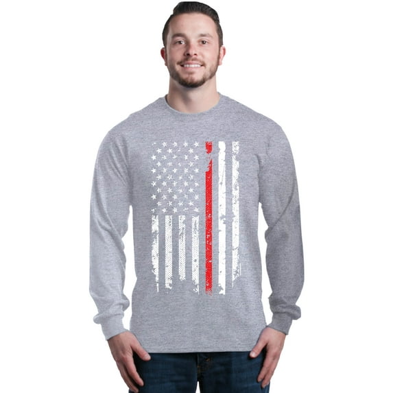 Shop4Ever Men's American Flag Red Line Patriotic 4th of July Long Sleeve Shirt Large Sports Grey