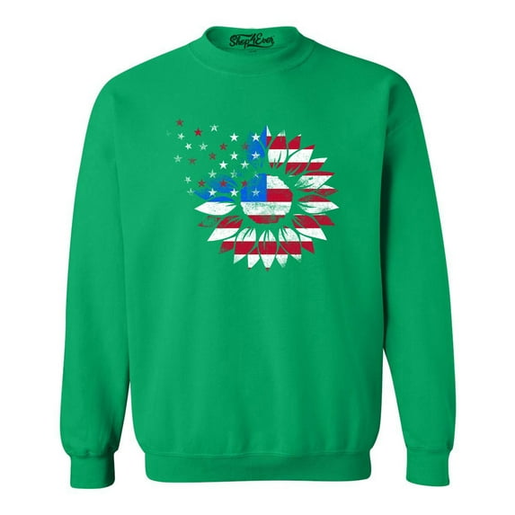 Shop4Ever Men's American Flag Sunflower Flower Star 4th of July Crewneck Sweatshirt XX-Large Irish Green
