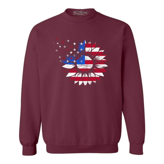Shop4Ever Men's American Flag Sunflower Flower Star 4th of July Crewneck Sweatshirt XX-Large Maroon