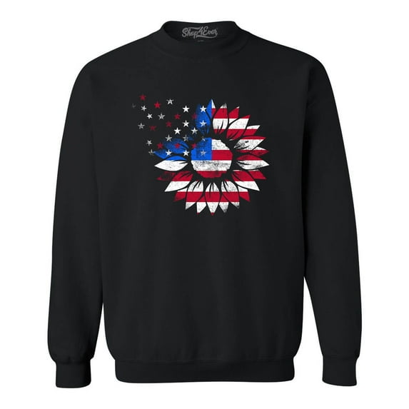 Shop4Ever Men's American Flag Sunflower Flower Star 4th of July Crewneck Sweatshirt XXX-Large Black