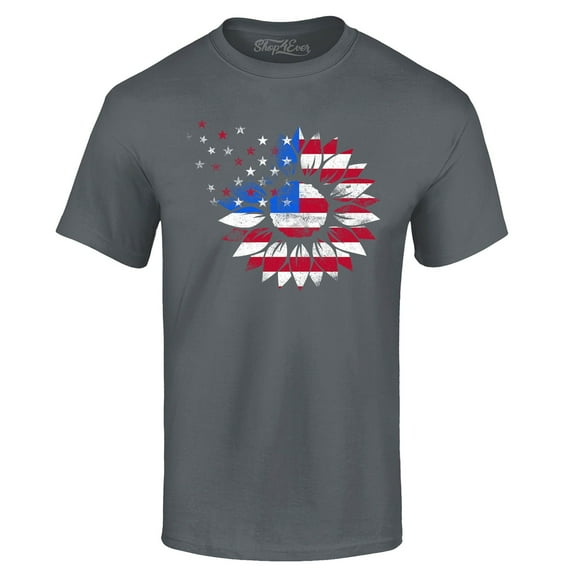 Shop4Ever Men's American Flag Sunflower Flower Star 4th of July Graphic T-shirt Large Charcoal