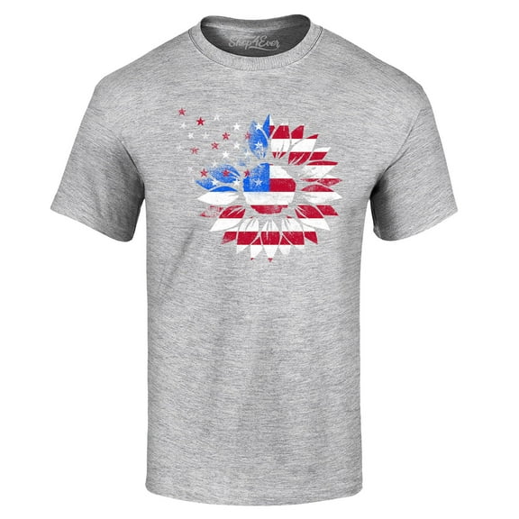 Shop4Ever Men's American Flag Sunflower Flower Star 4th of July Graphic T-shirt Small Sports Grey