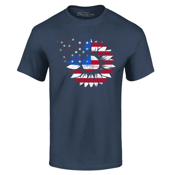 Shop4Ever Men's American Flag Sunflower Flower Star 4th of July Graphic T-shirt XX-Large Navy