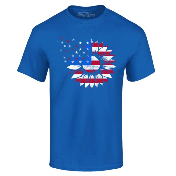 Shop4Ever Men's American Flag Sunflower Flower Star 4th of July Graphic T-shirt XXXXX-Large Royal Blue