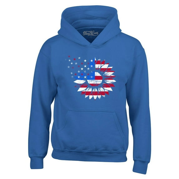Shop4Ever Men's American Flag Sunflower Flower Star 4th of July Hooded Sweatshirt Hoodie Large Royal Blue