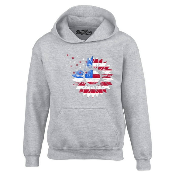 Shop4Ever Men's American Flag Sunflower Flower Star 4th of July Hooded Sweatshirt Hoodie Large Sports Grey