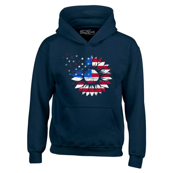 Shop4Ever Men's American Flag Sunflower Flower Star 4th of July Hooded Sweatshirt Hoodie Medium Navy