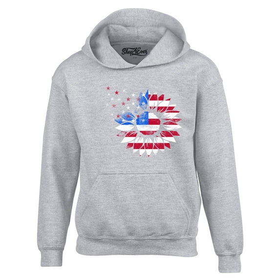 Shop4Ever Men's American Flag Sunflower Flower Star 4th of July Hooded Sweatshirt Hoodie Medium Sports Grey