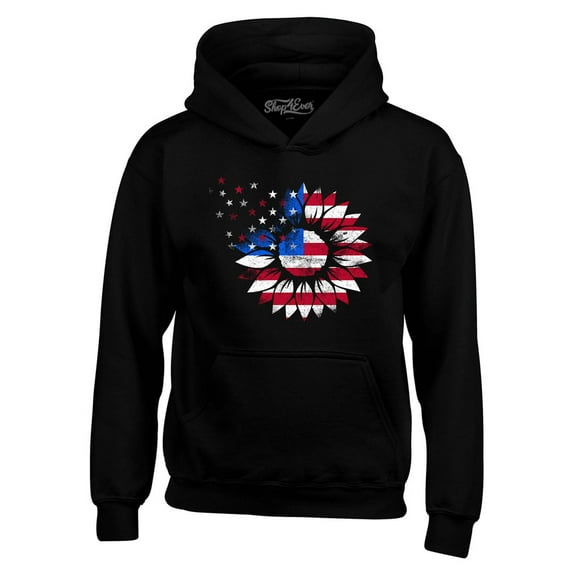 Shop4Ever Men's American Flag Sunflower Flower Star 4th of July Hooded Sweatshirt Hoodie XXX-Large Black