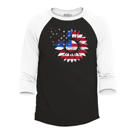 Shop4Ever Men's American Flag Sunflower Flower Star 4th of July Raglan Baseball Shirt Large Black/White