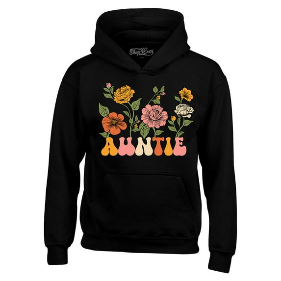 Shop4Ever Men's Auntie Floral Flowers Retro Groovy Wildflowers Aesthetic Hooded Sweatshirt Hoodie Large Black