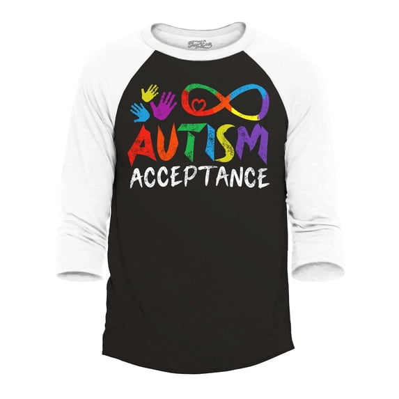 Shop4Ever Men's Autism Acceptance Infinity Symbol Raglan Baseball Shirt XX-Large Black/White