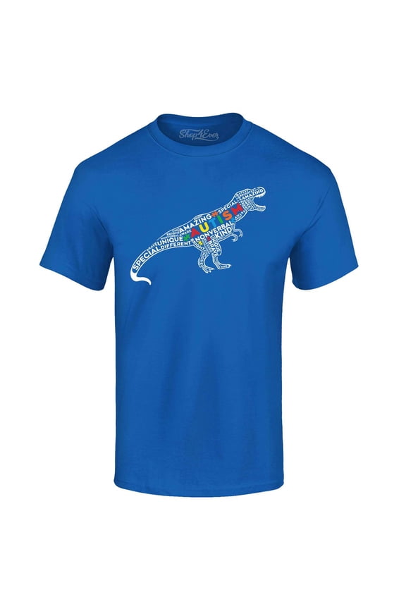 Men's Autism Awareness Dinosaur Word Cloud Graphic T-shirt Large Royal Blue