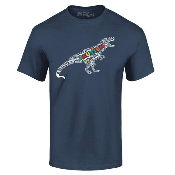 Shop4Ever Men's Autism Awareness Dinosaur Word Cloud Graphic T-shirt Medium Navy