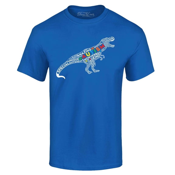 Shop4Ever Men's Autism Awareness Dinosaur Word Cloud Graphic T-shirt Small Royal Blue
