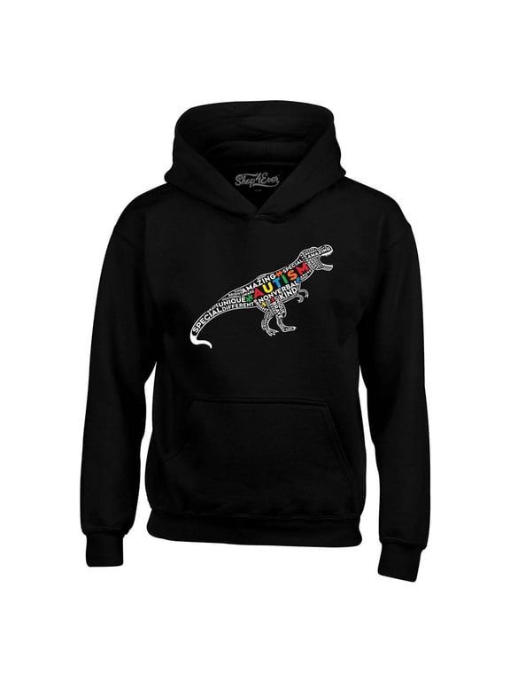 Men's Autism Awareness Dinosaur Word Cloud Hooded Sweatshirt Hoodie X-Large Black