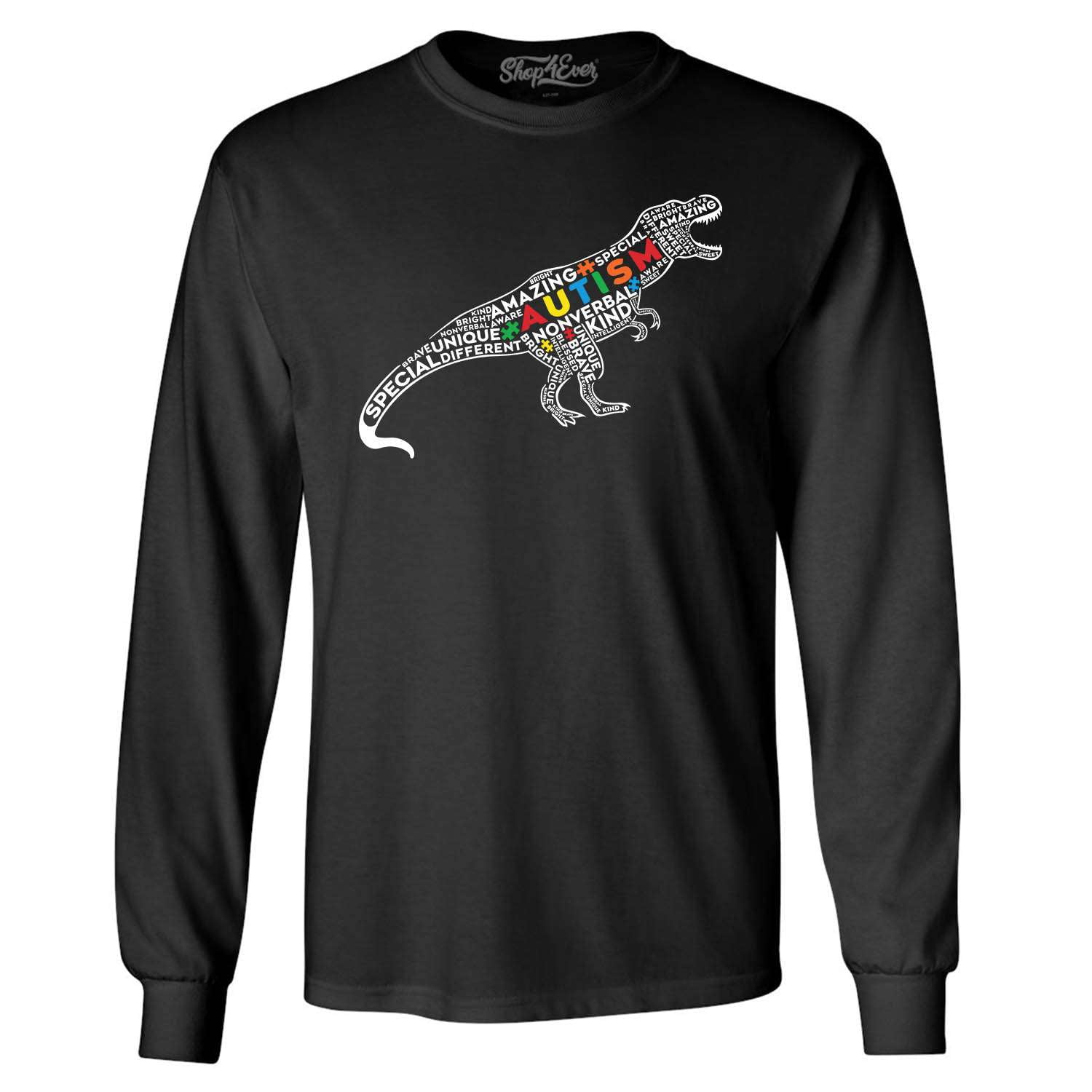 Shop4Ever Men's Autism Awareness Dinosaur Word Cloud Long Sleeve Shirt 3XL Black
