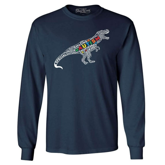 Shop4Ever Men's Autism Awareness Dinosaur Word Cloud Long Sleeve Shirt Medium Navy