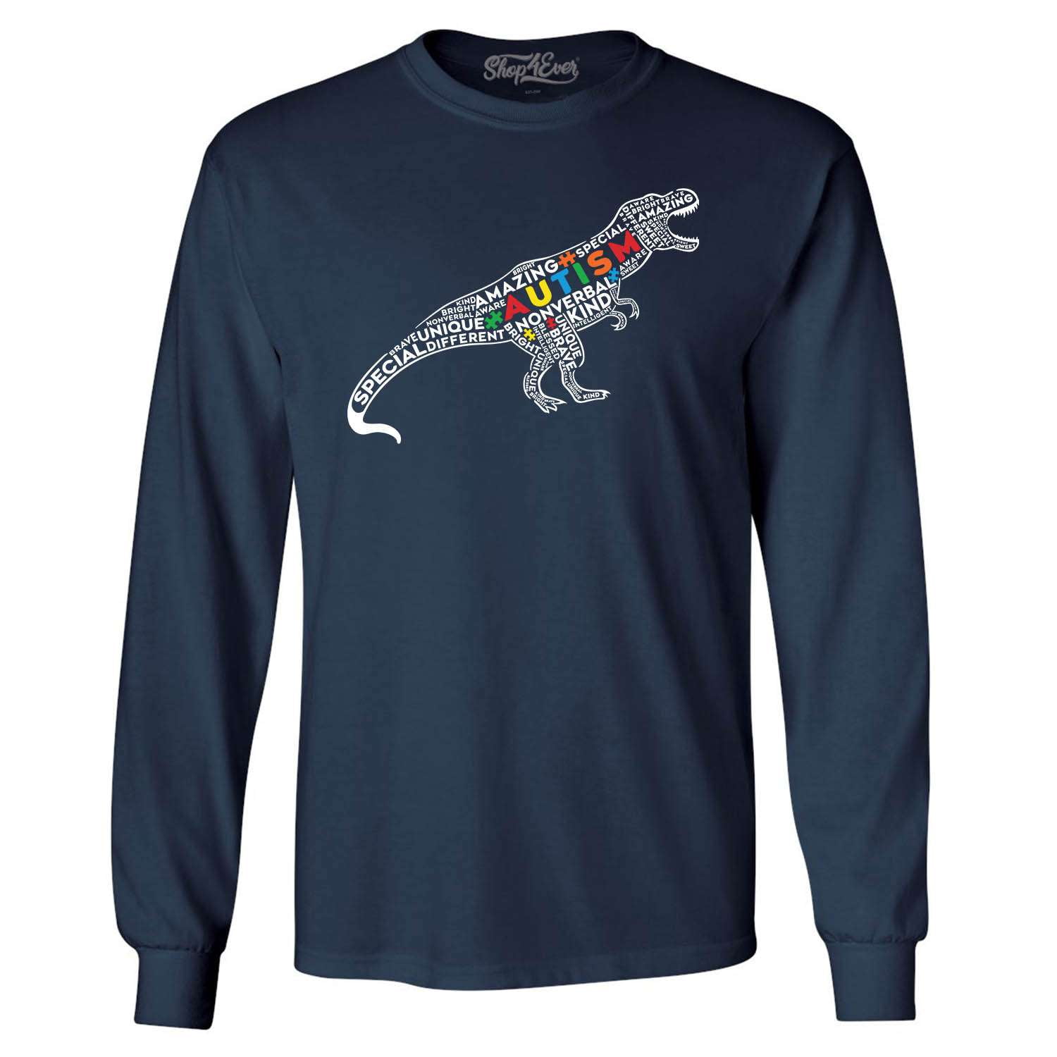Shop4Ever Men's Autism Awareness Dinosaur Word Cloud Long Sleeve Shirt X-Large Navy