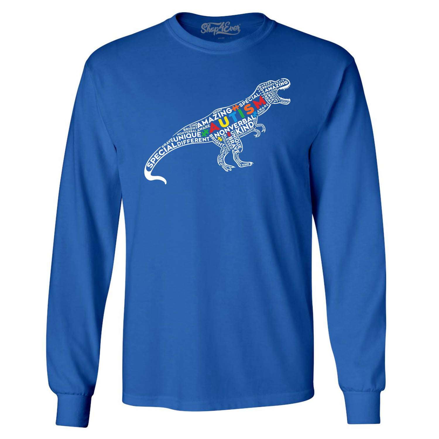 Shop4Ever Men's Autism Awareness Dinosaur Word Cloud Long Sleeve Shirt X-Large Royal Blue