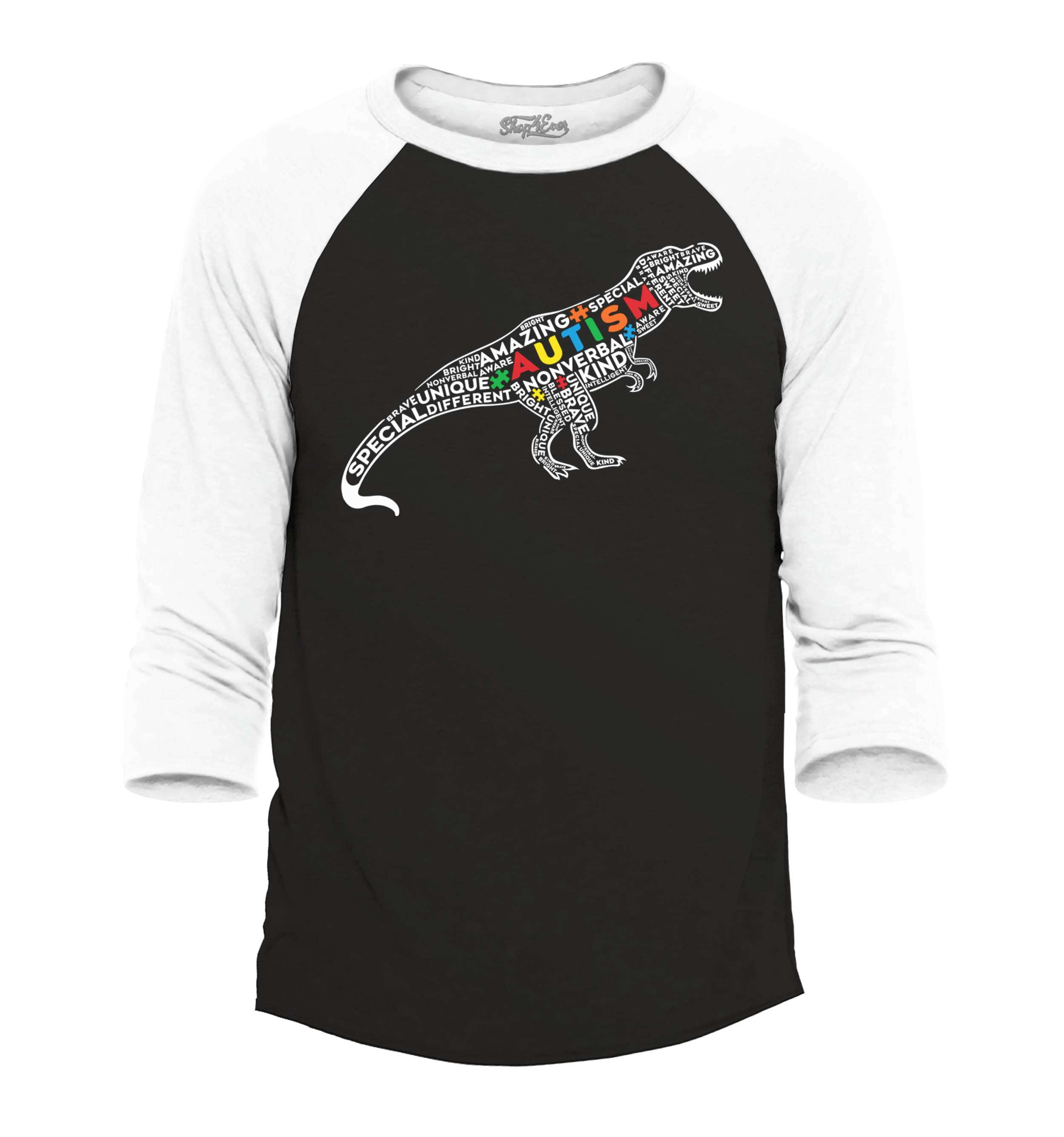 Shop4Ever Men's Autism Awareness Dinosaur Word Cloud Raglan Baseball Shirt Large Black/White