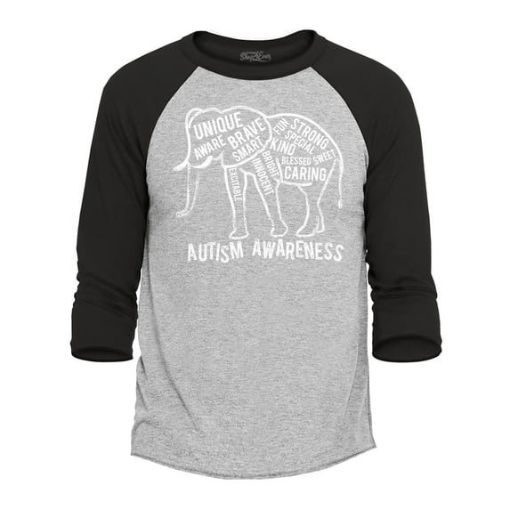 Shop4Ever Men's Autism Awareness Elephant Raglan Baseball Shirt X-Large Heather Grey/Black
