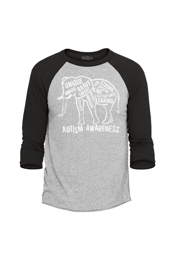 Men's Autism Awareness Elephant Raglan Baseball Shirt X-Large Heather Grey/Black