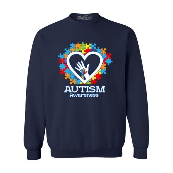 Shop4Ever Men's Autism Awareness Hands Puzzle Heart Crewneck Sweatshirt Large Navy