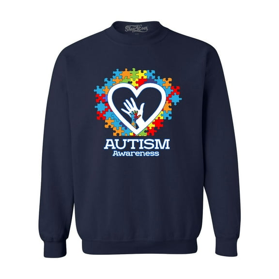 Shop4Ever Men's Autism Awareness Hands Puzzle Heart Crewneck Sweatshirt Medium Navy