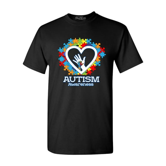 Shop4Ever Men's Autism Awareness Hands Puzzle Heart Graphic T-shirt Small Black