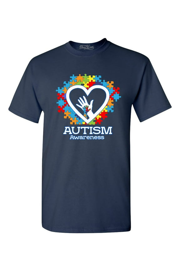 Men's Autism Awareness Hands Puzzle Heart Graphic T-shirt Small Navy