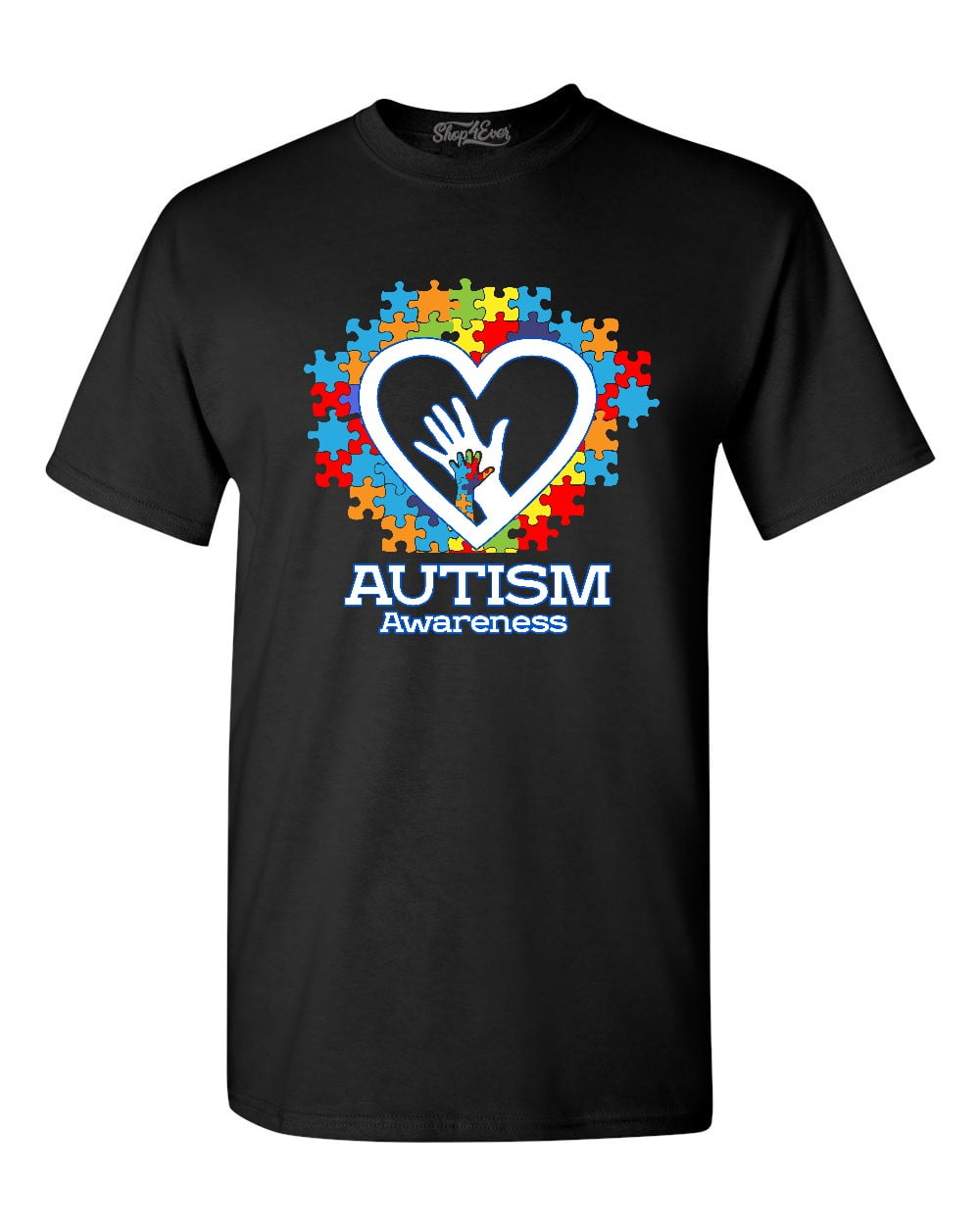 Shop4Ever Men's Autism Awareness Hands Puzzle Heart Graphic T-shirt X-Large Black